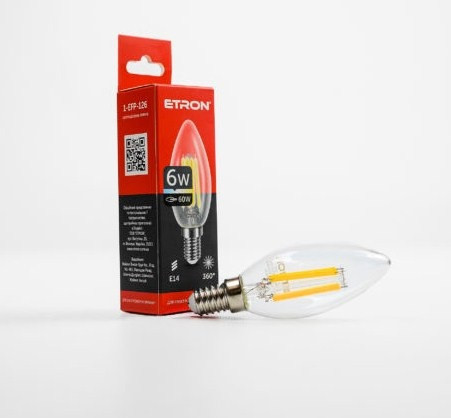 Лампа "Etron Filament Power" прозоре скло LED 1-EFP-126  C37 6Вт 4200K Е14(10)