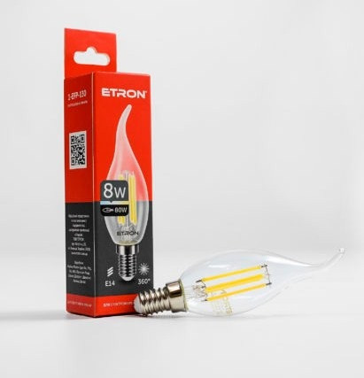 Лампа "Etron Filament Power" прозоре скло LED 1-EFP-130  C37 8Вт 4200K Е14(10)