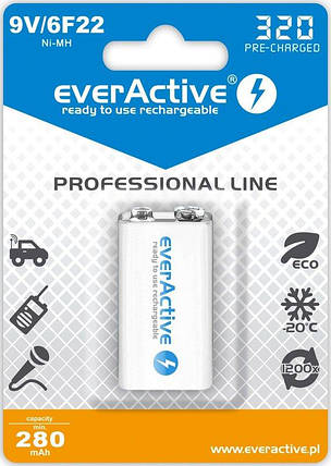 Аккумулятор everActive EVHRL22-320, 6LR61 (крона), 8.4V, 320 mAh, LSD Ni-MH, фото 1