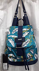 Рюкзак тканинний жіночий модний бірюзовий маленький із пряжкою принт Листя Dolly 302
