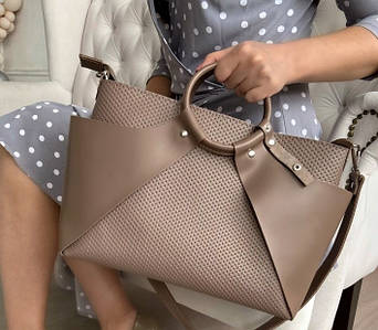 16-2 Натуральна шкіра Сумка жіноча шкіряна бежева формат А4 Сумка жіноча з натуральної шкіри какао