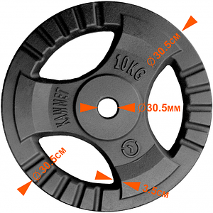 Блін (диск) 10 кг для гантелі (штанги) з потрійним хватом KAWMET під гриф Ø30мм