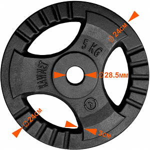 Блін (диск) 5 кг для гантелі (штанги) з потрійним хватом KAWMET під гриф Ø28мм