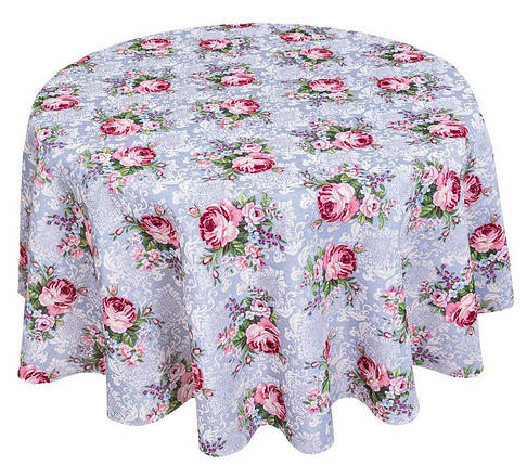 Кругла стильна дизайнерська скатертина гобеленова "Квіти класичні" Ø180, тканина -блакитна з рожевими трояндами, фото 2