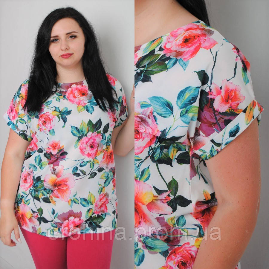 Жіноча блузка з квітковим принтом, розміри 50,52,54 від виробника