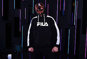 Худі з білими лампасами fila | чорна толстовка