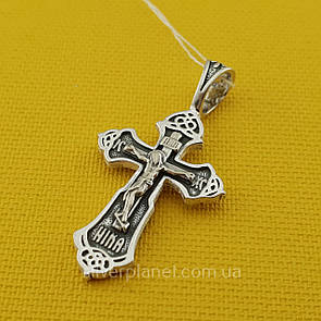 Різьблений срібний хрестик. Чорніння православний кулон з срібла 925