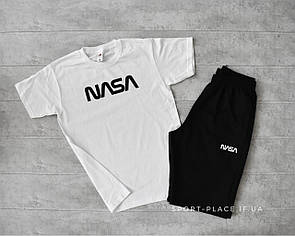 Літній комплект шорти і футболка Nasa (біла футболка , чорні шорти) великий логотип