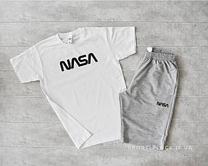 Літній комплект шорти і футболка Nasa (біла футболка , світло сірі шорти) великий логотип