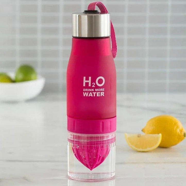 Спортивна пляшка для води та напоїв H2O з цитрусовою соковижималкою 650 мл Рожева (реальні фото)