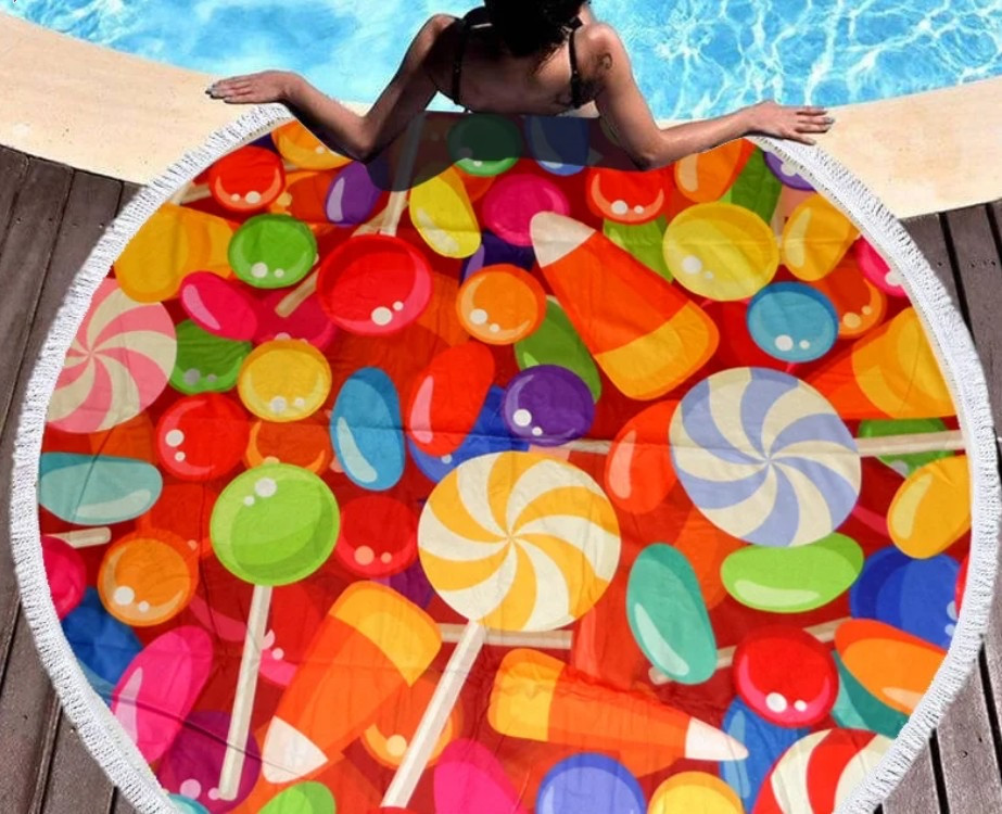 Коврик пляжное покрывало Конфеты подстилка микрофибра махра круглое полотенце 150 см с бахромой