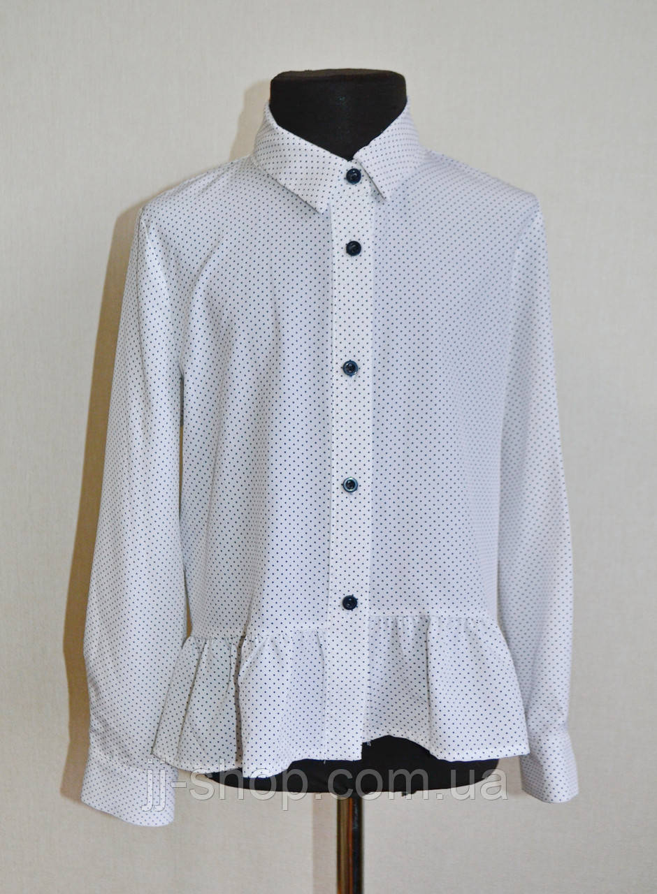 Дитяча шкільна блузка (сорочка) на дівчинку 5-10 років, біла в дрібний горошок