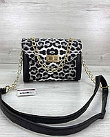 Черно-белая сумка женская Welassie леопардовая через плечо, Маленькая мини сумочка клатч кросс-боди с цепочкой