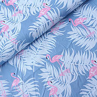 Сатин с фламинго и пальмовыми листьями на синем джинсовом, ш. 160 см