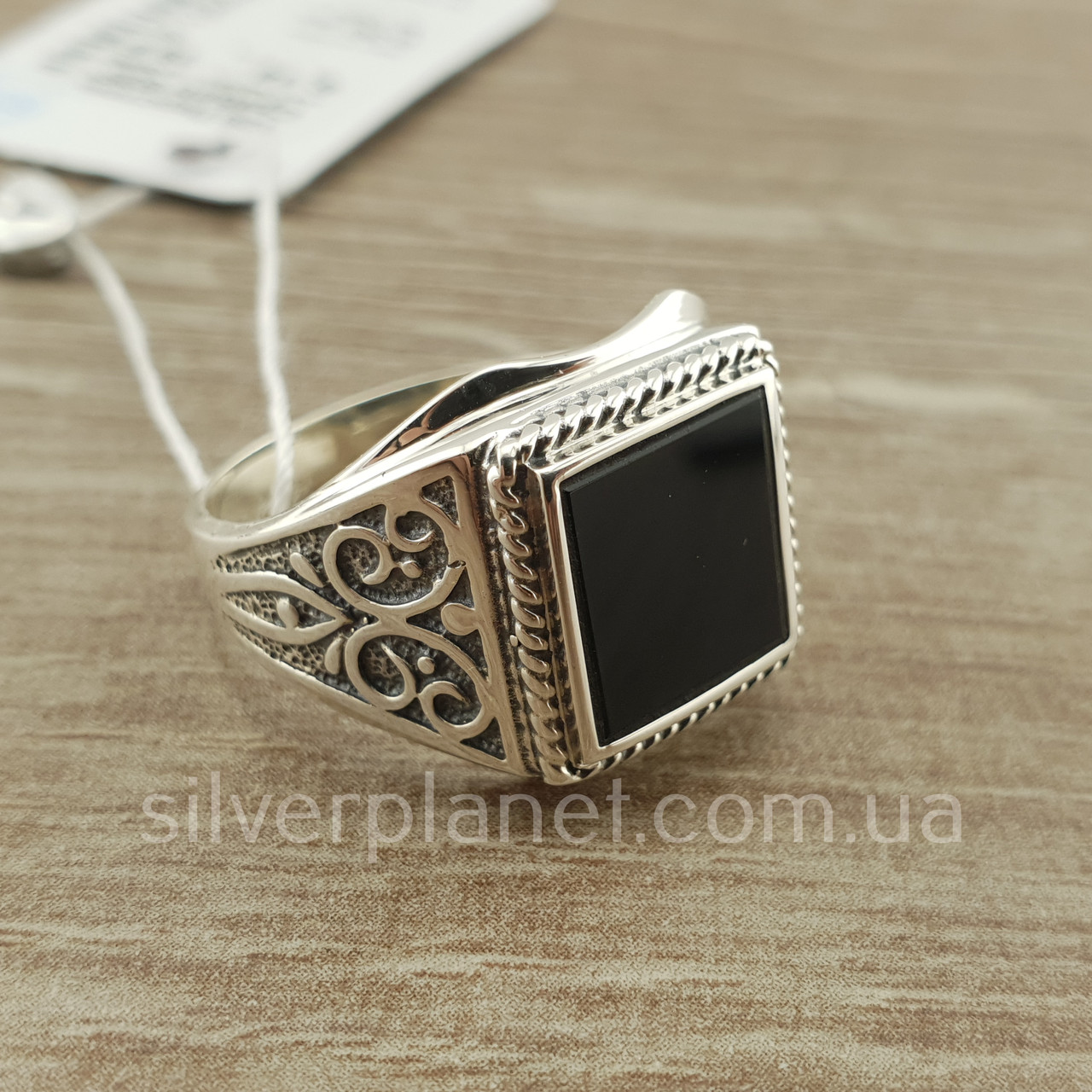 Срібне чоловіче кільце (печатка) з великим каменем оніксом 21.5 розмір, фото 1