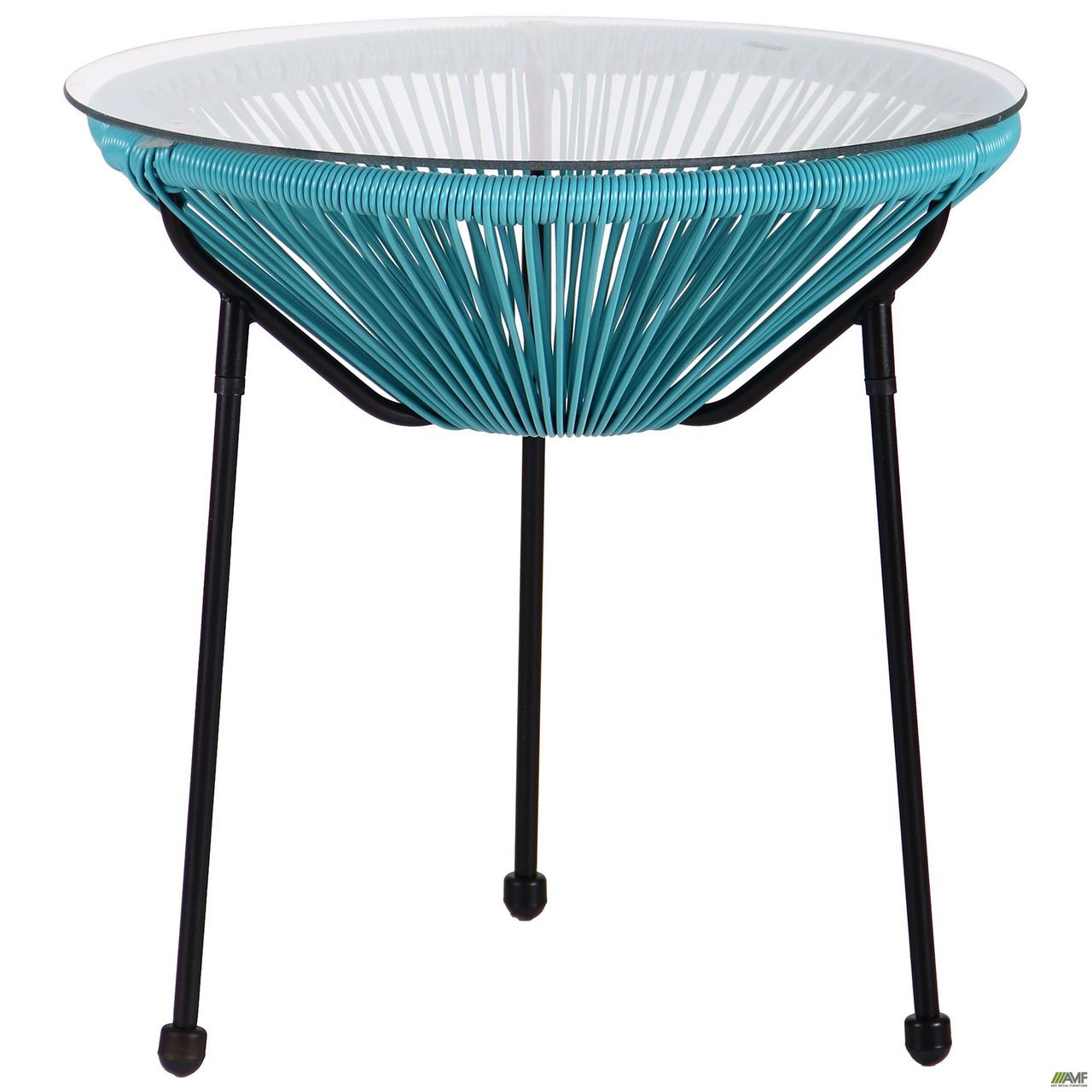 Круглий скляний столик Agave плетіння штучний ротанг блакитного кольору