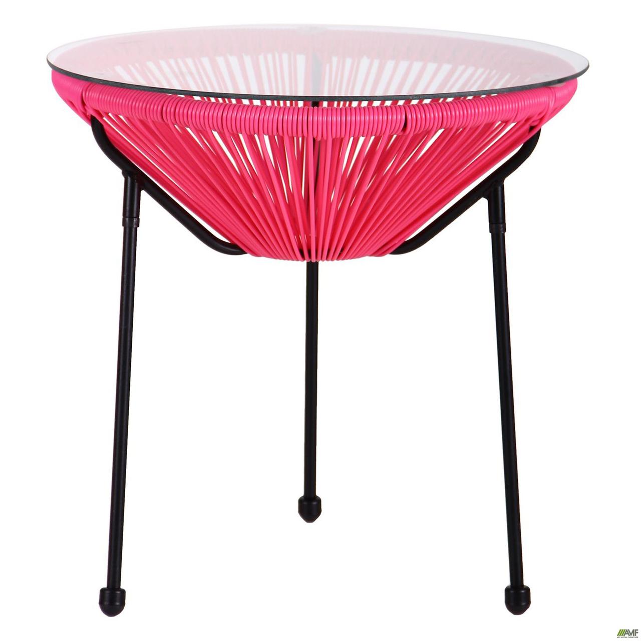 Круглий скляний столик Agave плетіння штучний ротанг рожевого кольору