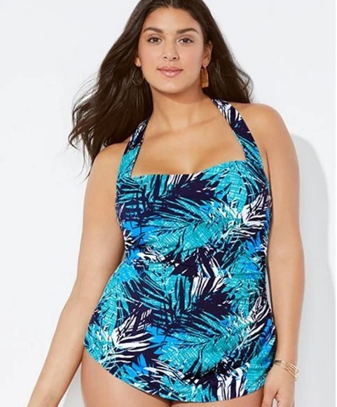 Купальник стягуючий з драпіруванням великих розмірів, батал, синій, фото 1