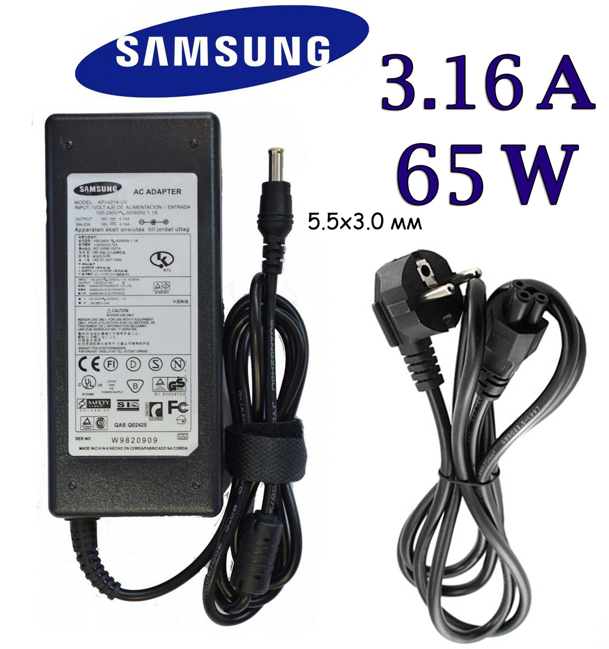 Зарядний пристрій для ноутбука Samsung 19V 3.15 A 60W 5.0х3.0 мм / 5.5х3.0 мм Блок живлення Самсунг