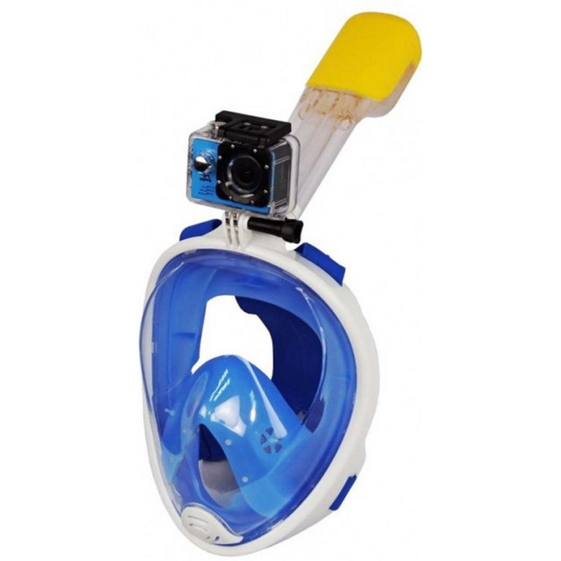 Повна панорамна маска для плавання снорклінга (S/M) Блакитна з кріпленням для камери (живі фото)