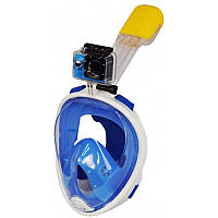Полнолицевая панорамная маска для плавания снорклинга (S/M) Голубая с креплением для камеры (живые фото)