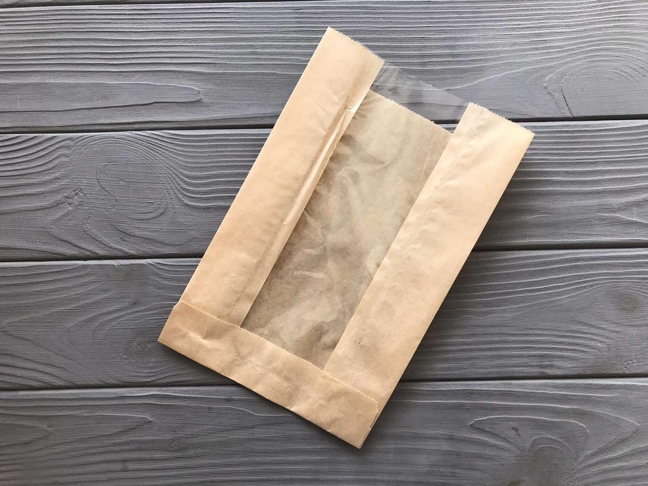 Пакет коричневий з прозорою вставкою 210х140х50 мм. 40гр/м2 (середня щільність) 18Ф, фото 1