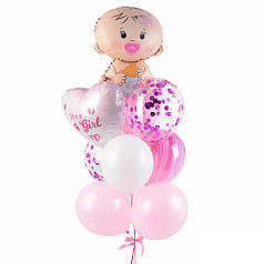 Кульки на виписку дівчинці з фігурою Карапуз і серце з індивідуальною написом