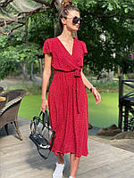 Платье миди женское нежное из штапеля на запах в горошек с карманами Smld4492