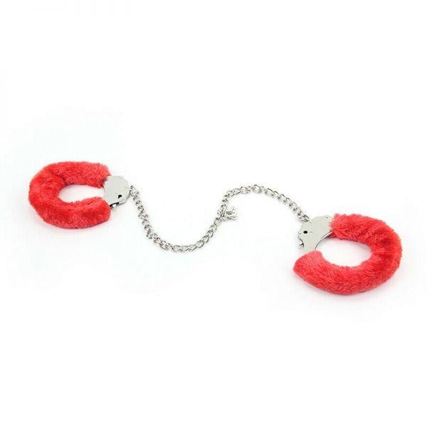 Наручники з рожевим хутром пухнасті для рольових ігор Metal Handcuff With a Long Chain, Red