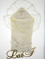 Роскошный комплект для крещения "София"- 2 предмета (крыжма, мешочек для волос). Кремовый