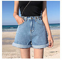 Шорты женские джинсовые с высокой талией и отворотами. Шортики летние из денима с высокой посадкой M (голубые)