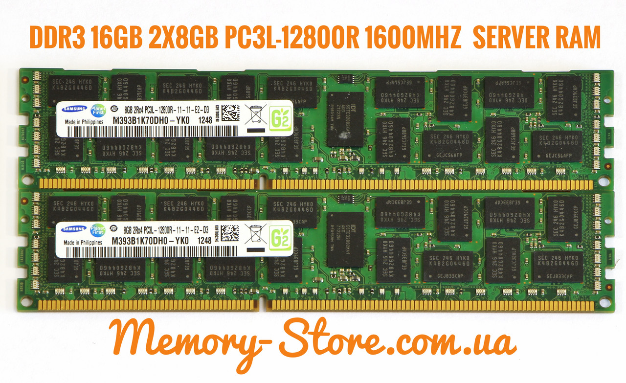 Оперативна пам'ять для сервера DDR3 16GB (2*8GB) PC3L-12800R (1600MHz) DIMM ECC Reg, Samsung