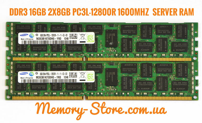 Оперативна пам'ять для сервера DDR3 16GB (2*8GB) PC3L-12800R (1600MHz) DIMM ECC Reg, Samsung, фото 1