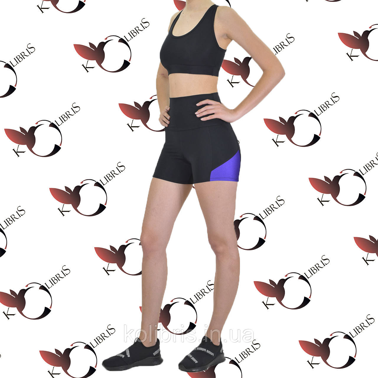 Жіночий спортивний комплект шорти-утяжка з вставками фіолет і топ без чашок