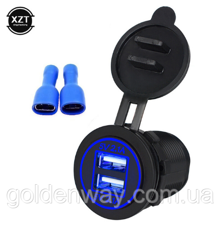 Автомобільне зарядне гніздо врізна розетка кругла 2 USB (12-24В) 5В/4.2A синя підсвітка