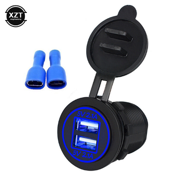 Автомобільне зарядне гніздо врізна розетка кругла 2 USB (12-24В) 5В/4.2A синя підсвітка