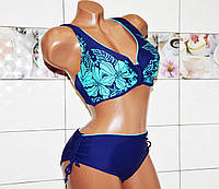 Модельный купальник для красивых дам с пышной грудью, синий, лиф с узором, раз.3, 4 XL