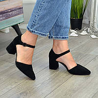 Туфли женские замшевые на невысоком устойчивом каблуке, цвет черный