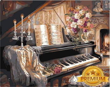 Картина за номерами 40х50 см Babylon Premium (цветной холст + лак) Музыкальный вечер у камина Художник Гибсон