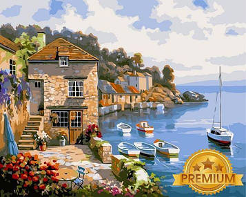 Картина за номерами 40х50 см Babylon Premium (кольоровий полотно + лак) Будинок на березі океану Художник