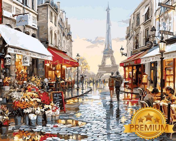 Картина за номерами 40х50 см Babylon Premium (кольоровий полотно + лак) Париж після дощу Художник Річард