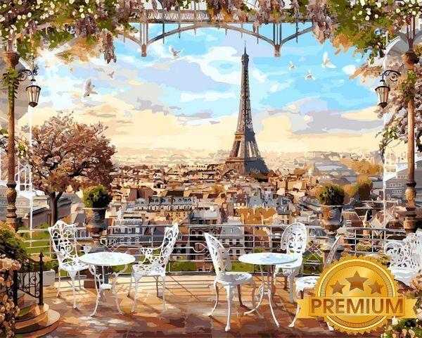 Картина за номерами 40х50 см Babylon Premium (кольоровий полотно + лак) Кафе з видом на Ейфелеву вежу (NB