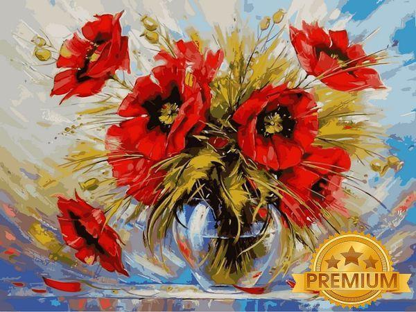 Картина за номерами 40х50 см Babylon Premium (кольоровий полотно + лак) Маки в скляній вазі Художник Зіновій