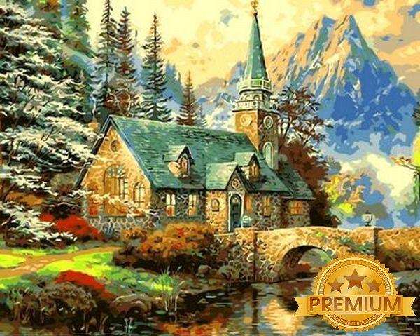 Картина за номерами 40х50 см Babylon Premium (кольоровий полотно + лак) Альпійський пейзаж Каплиця Художник