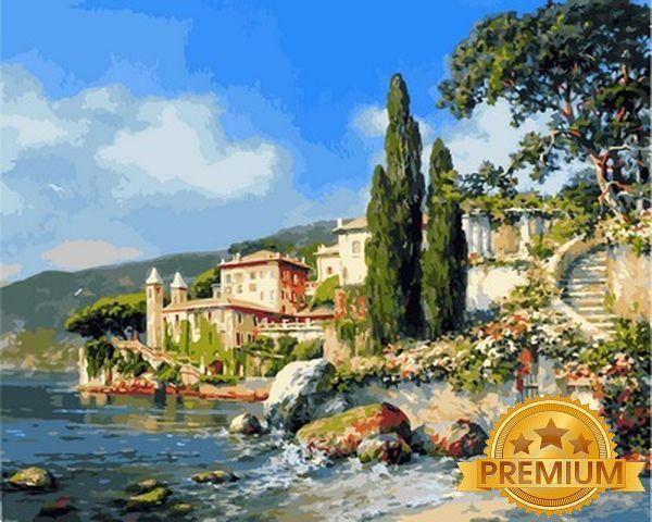 Картина за номерами 40х50 см Babylon Premium (кольоровий полотно + лак) Озеро Комо Художник Михайло Сатаров