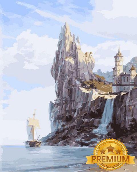 Картина за номерами 40х50 см Babylon Premium (кольоровий полотно + лак) Білий замок над водоспадом Художник