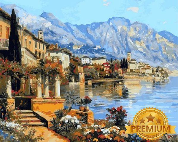 Картина за номерами 40х50 см Babylon Premium (кольоровий полотно + лак) Невелике містечко на озері Гарда