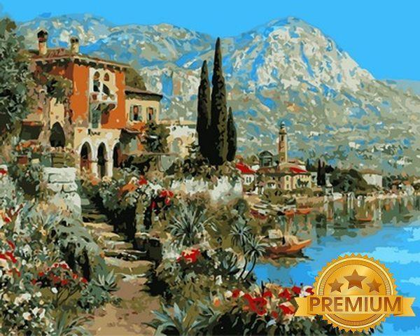 Картина за номерами 40х50 см Babylon Premium (кольоровий полотно + лак) Узбережжі озера Гарда Художник Алоїс
