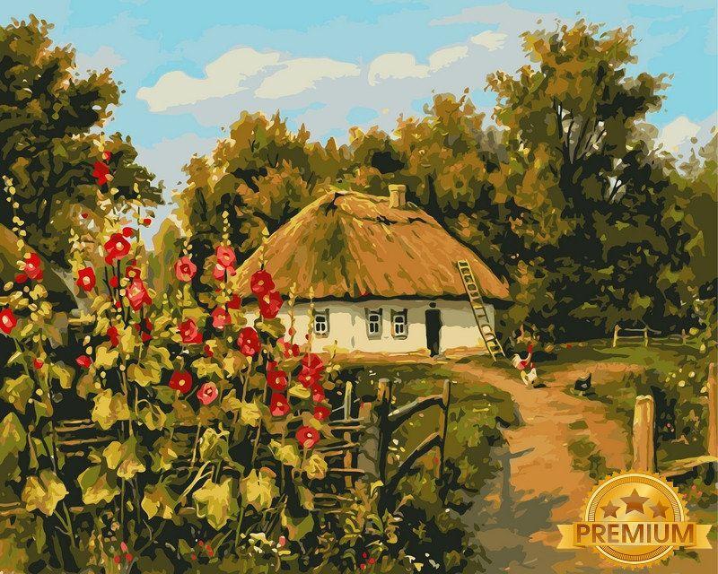 Картина за номерами 40х50 см Babylon Premium (кольоровий полотно + лак) Сільська хатина Художник Геннадій