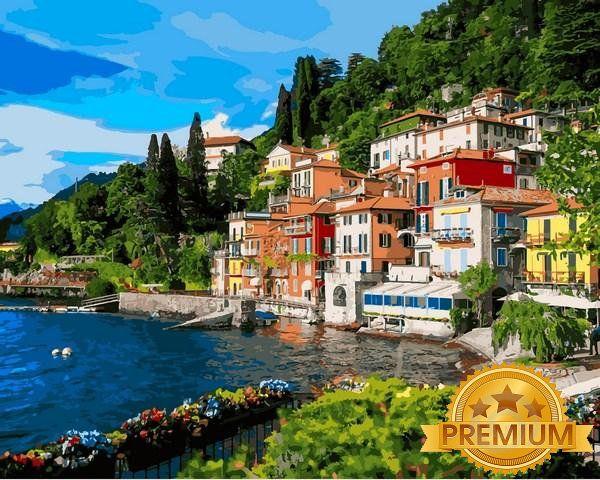 Картина за номерами 40х50 см Babylon Premium (кольоровий полотно + лак) Озеро Комо в регіоні Ломбардія на